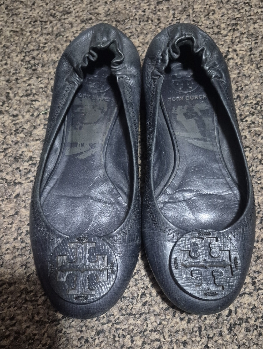 Tory Burch Navy Blue Leather Logo Ballet Flats